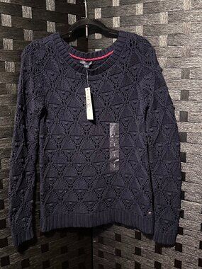 Tommy Hilfiger Womens SMALL Chunky Open Knit Cotton Sweater Pullover NAVY BLUE